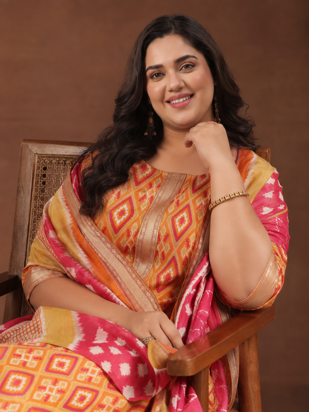  Plus Size Orange Floral Printed Cotton Straight Suit Set 