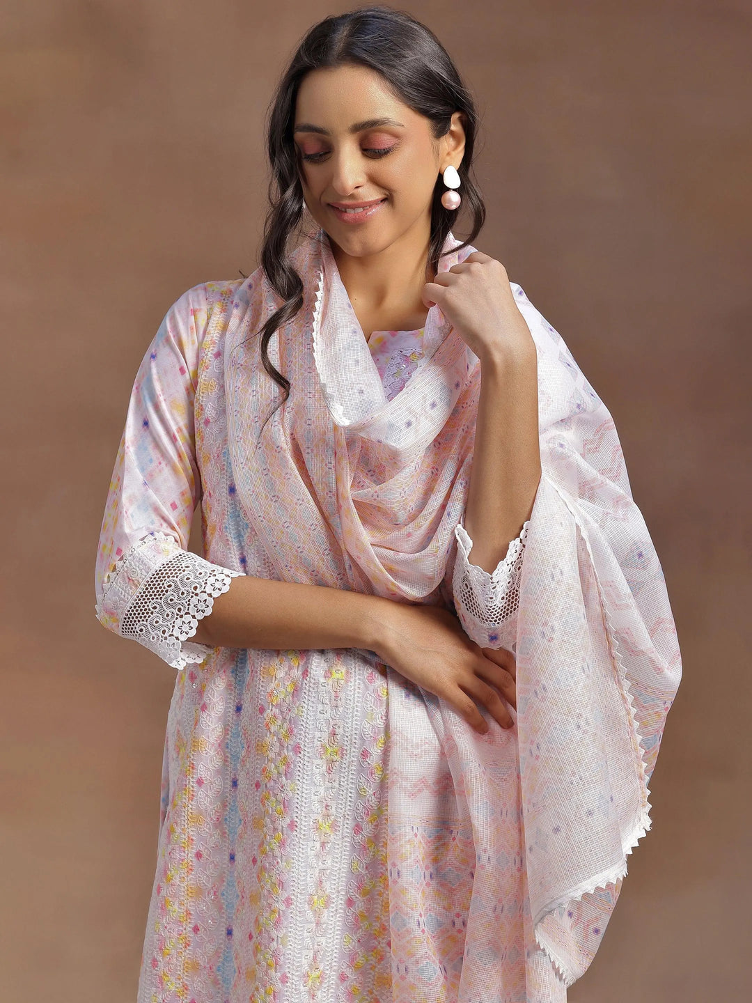 Peach Embroidered Cotton Blend Straight Suit With Dupatta - Libas 