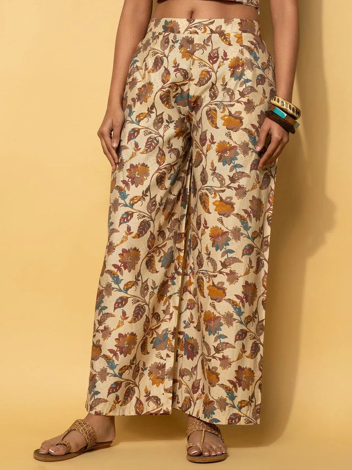 Beige Printed Silk Blend Co-Ords - Libas