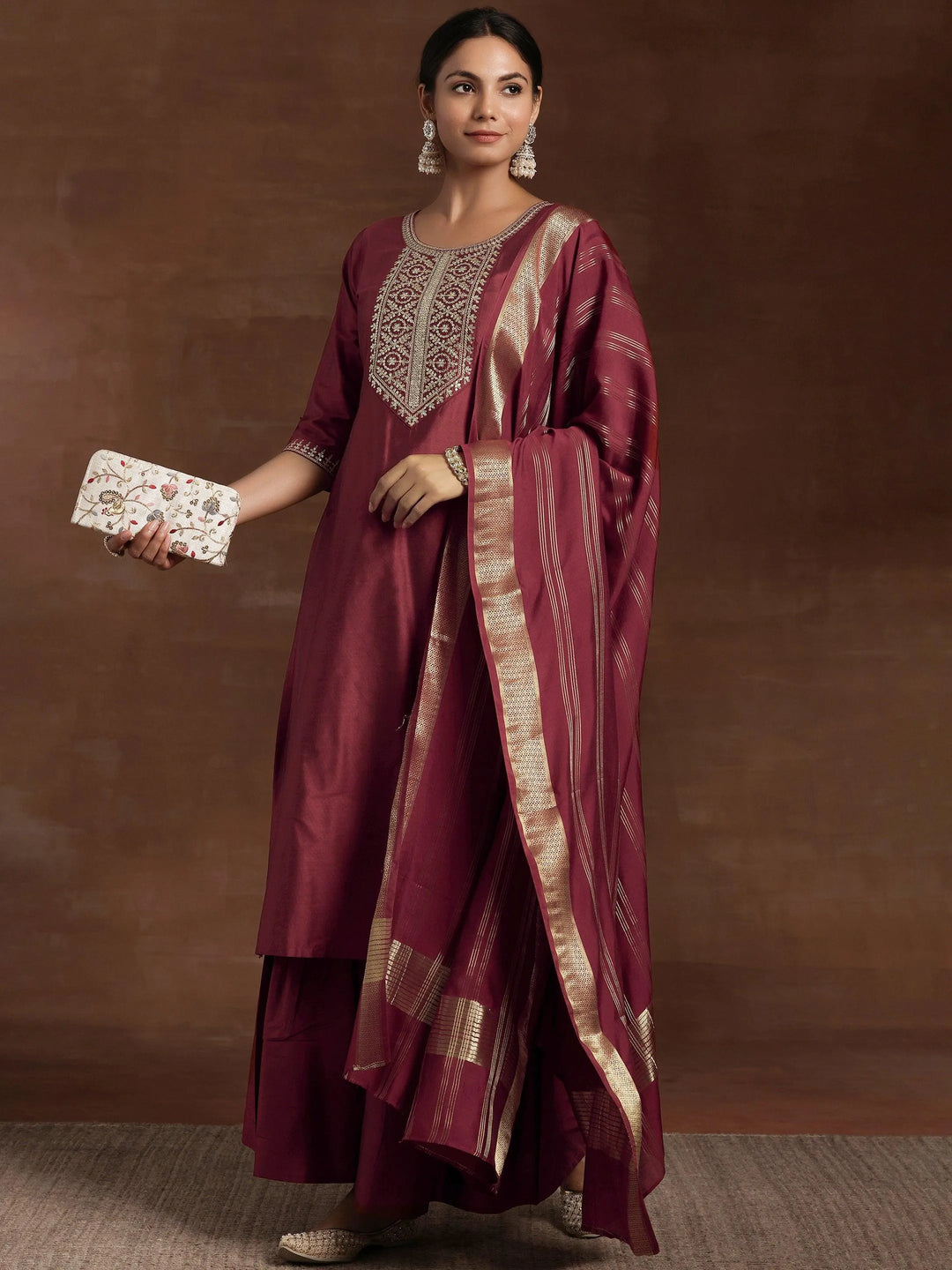 Rust Yoke Design Silk Blend Straight Suit With Dupatta - Libas