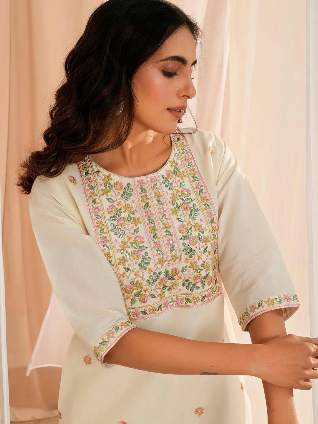 Buy Off White Embroidered Cotton Straight Kurta Online at Rs.759 Libas