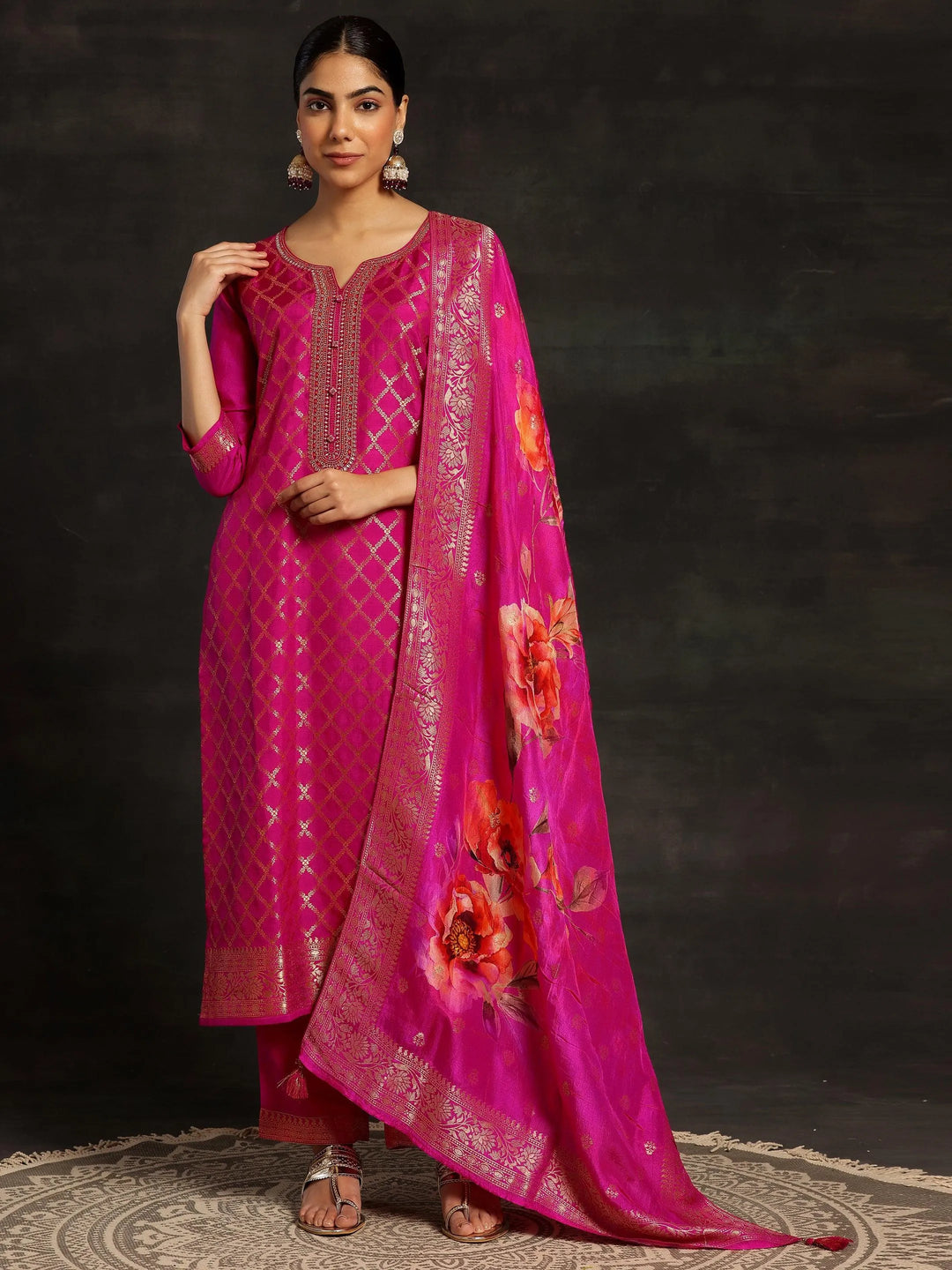 Pink Woven Design Silk Blend Straight Suit With Dupatta - Libas