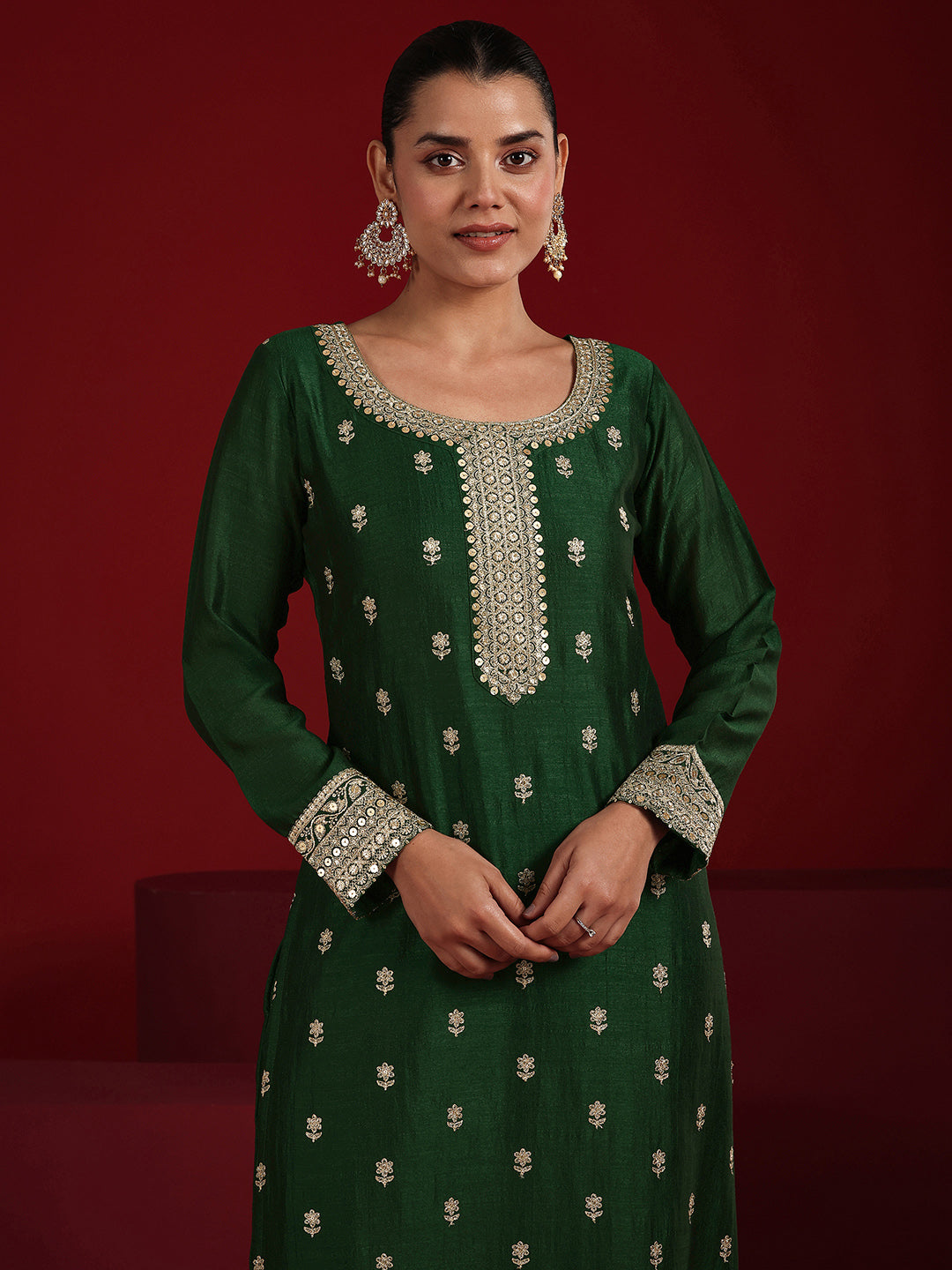  Libas Art Green Embroidered Silk Blend Straight Suit Set With Dupatta 