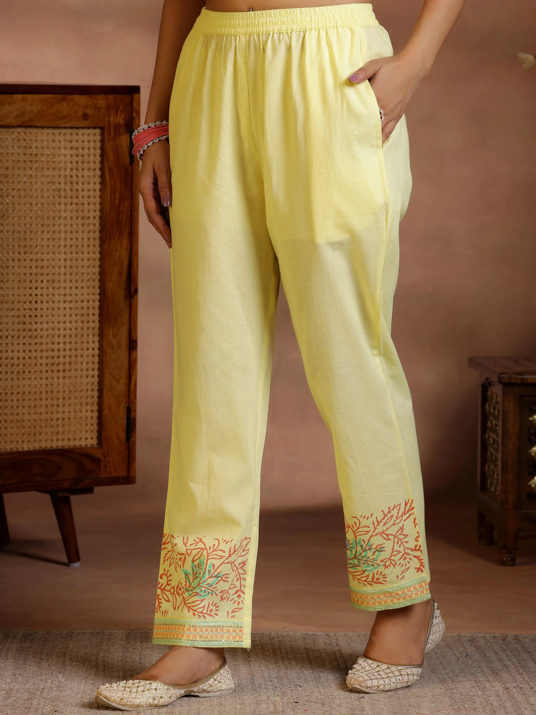  Yellow Embroidered Cotton A-Line Kurta With Trousers & Dupatta 