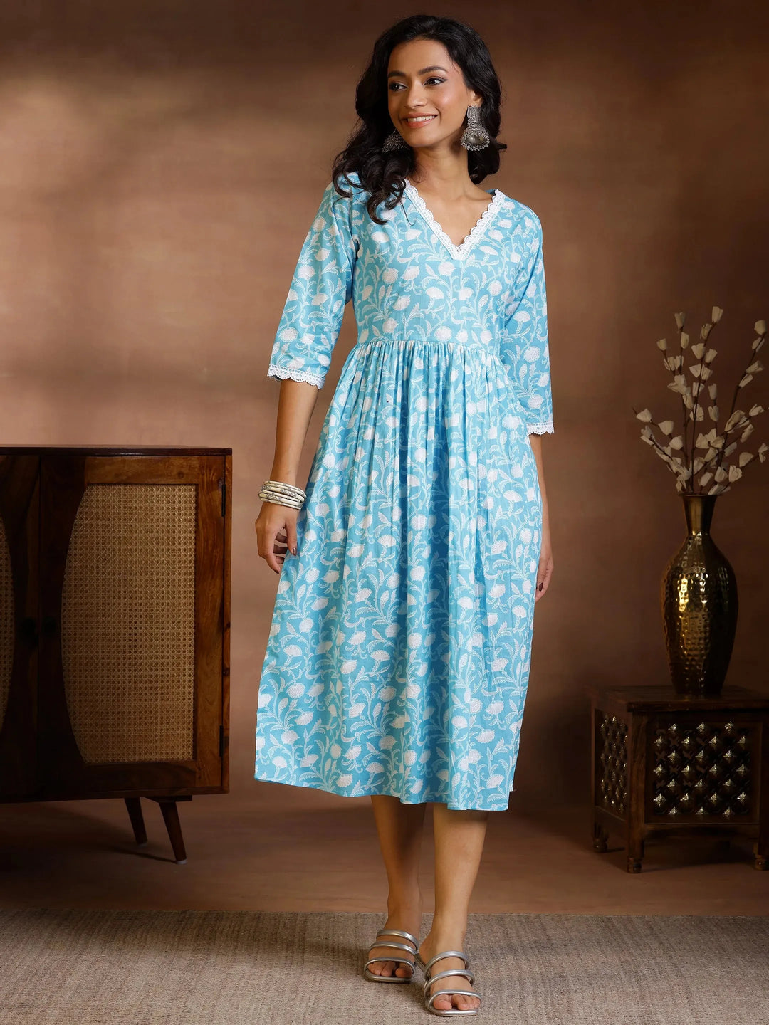 Blue Printed Cotton Fit and Flare Dress