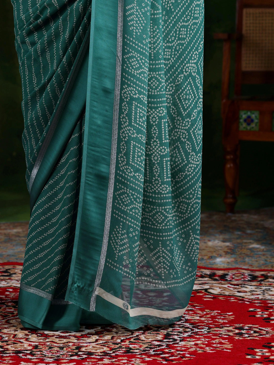Green Printed Satin Saree With Unstitched Blouse Piece - Libas 