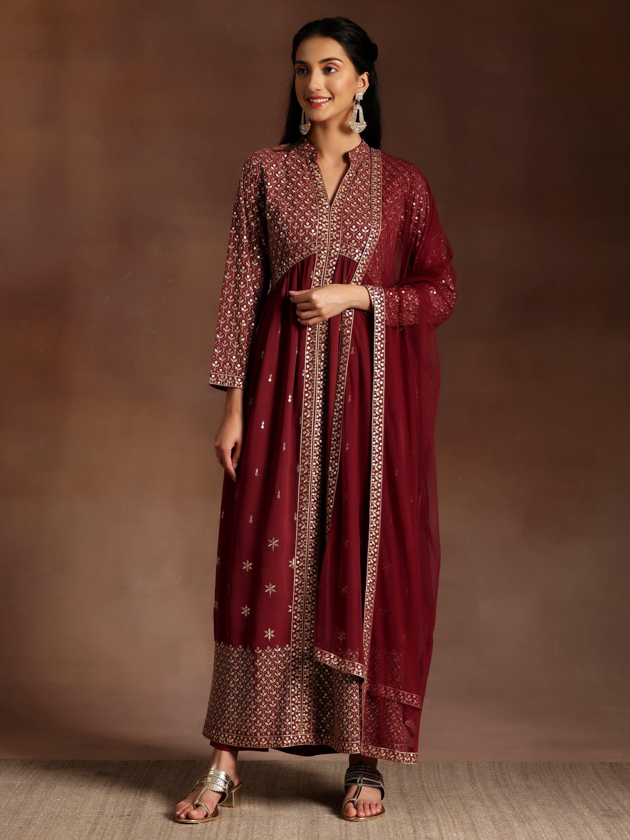 Mauve Embroidered Georgette A-Line Kurta With Trousers & Dupatta