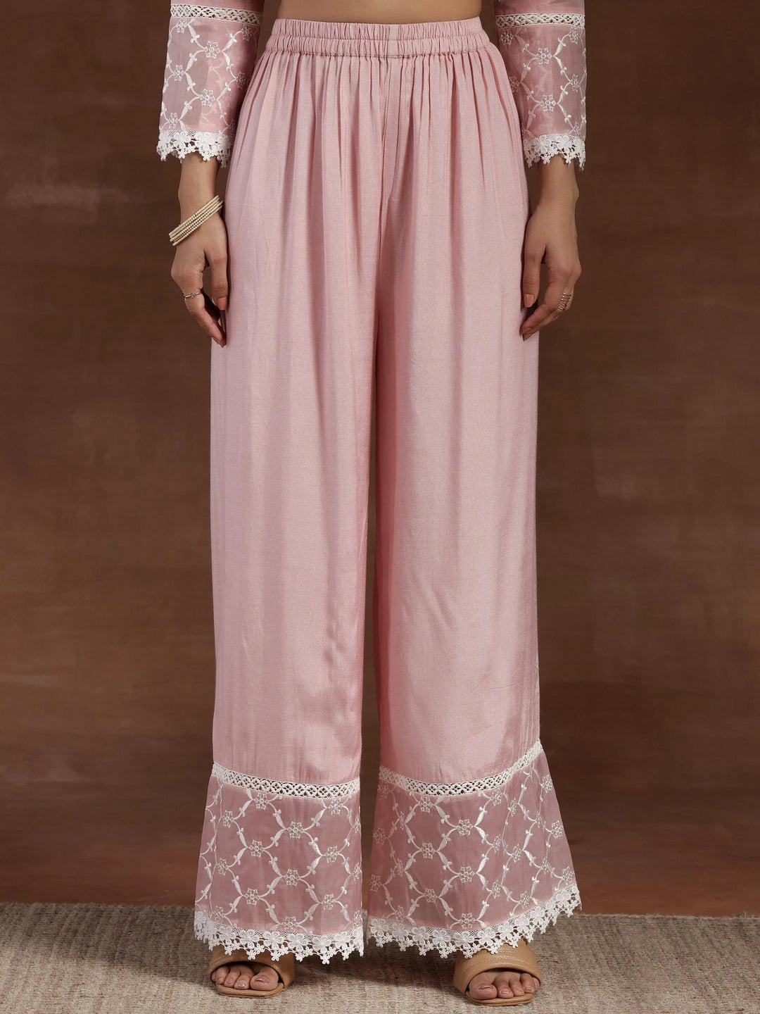Pink Embroidered Organza A-Line Kurta With Palazzos & Dupatta - Libas 