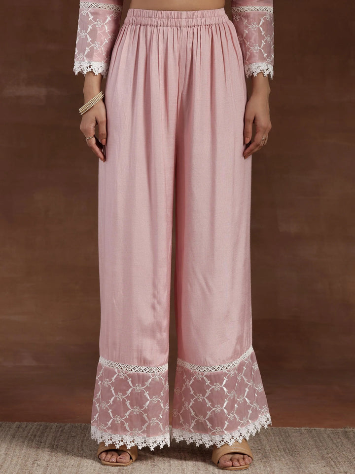 Pink Embroidered Organza A-Line Kurta With Palazzos & Dupatta - Libas