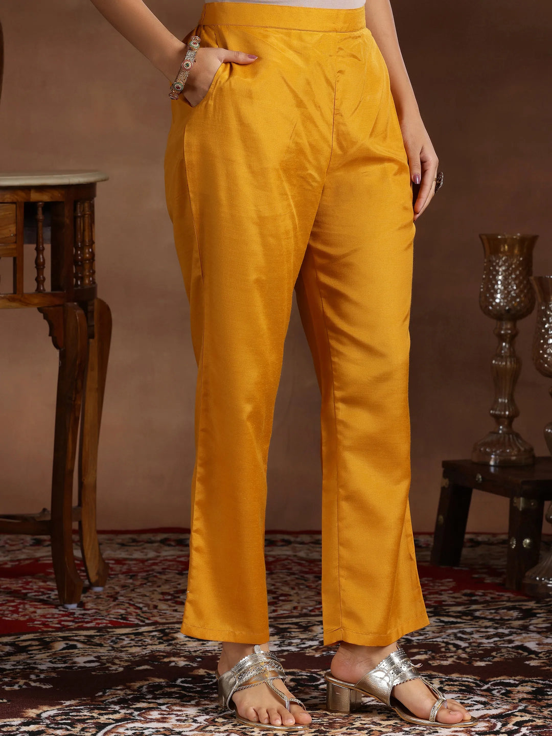  Mustard Printed Silk Blend Straight Suit With Dupatta 