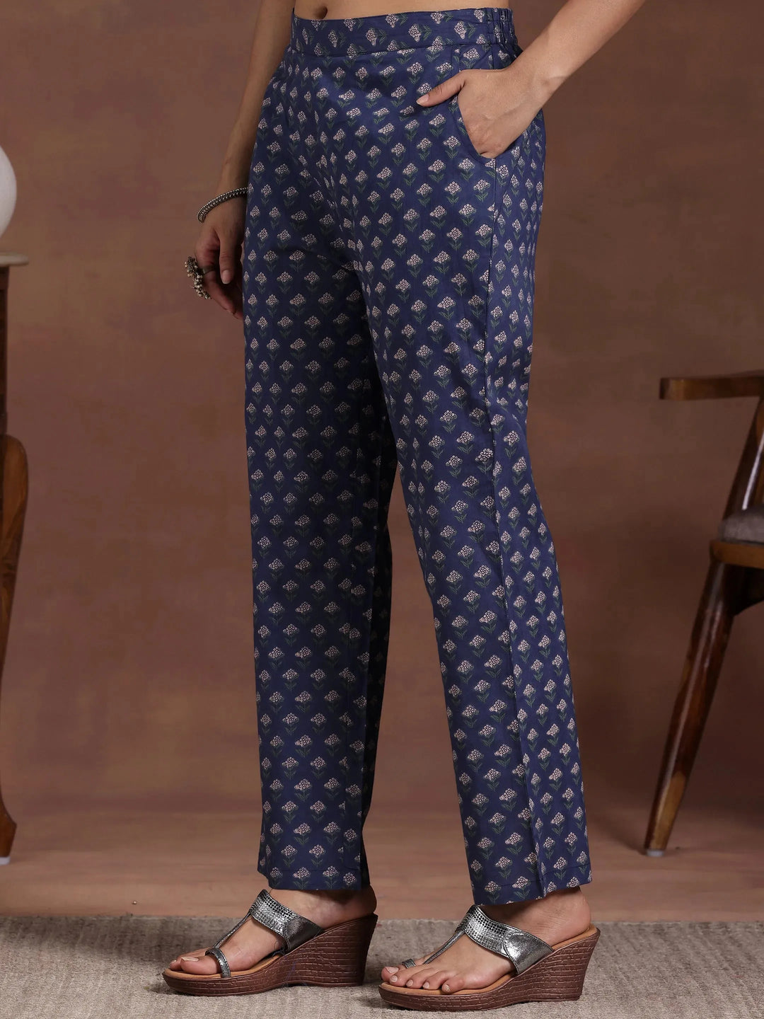  Blue Printed Cotton Straight Kurta Set 