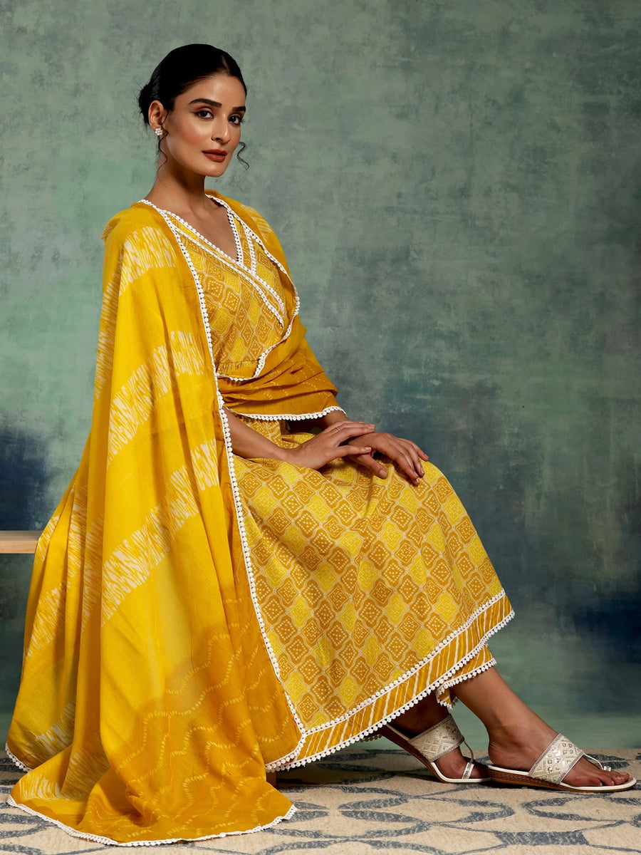 Women Mustard Silk Blend Solid Straight Kurta Palazzos With Dupatta Set