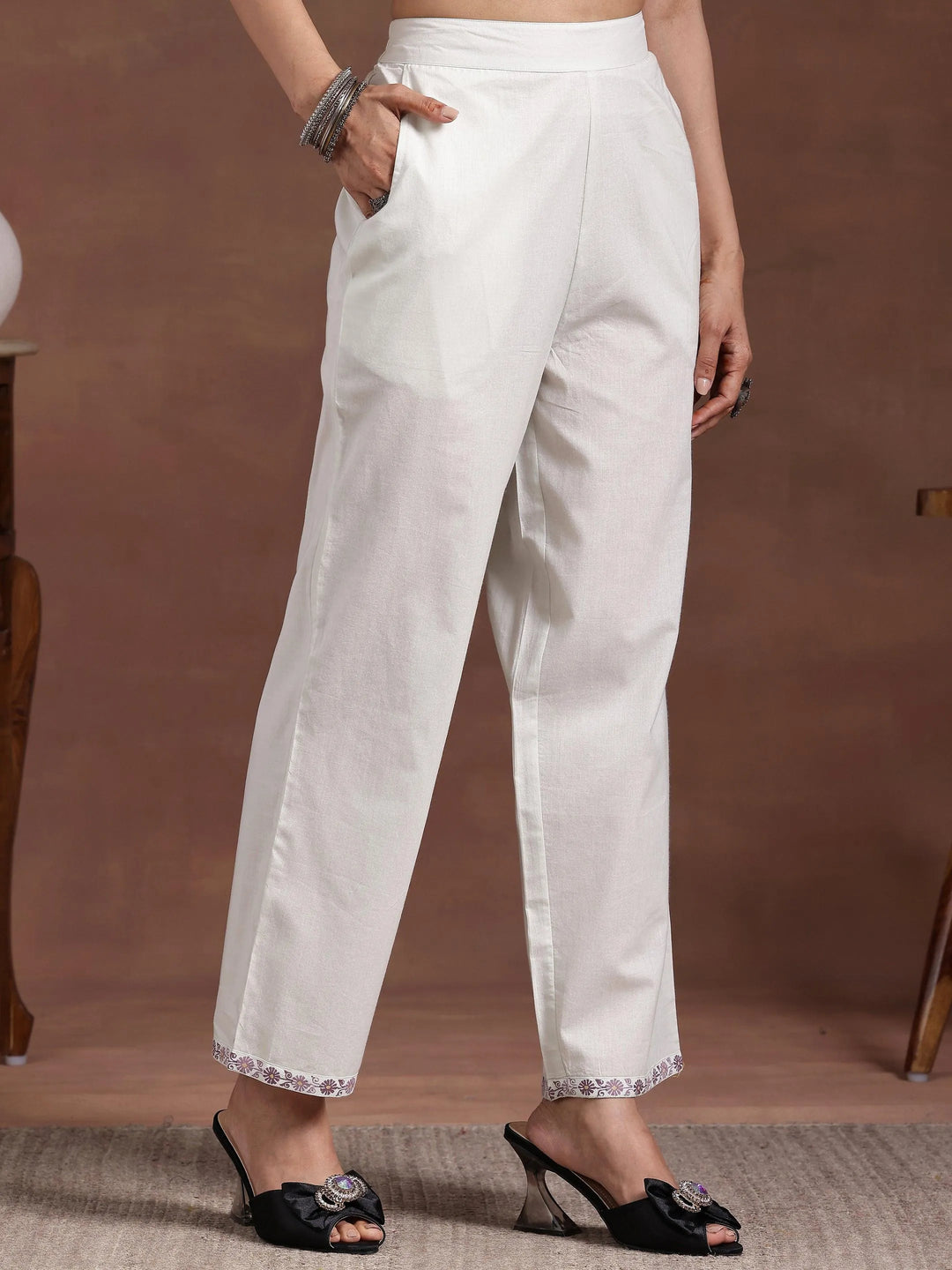 Off white Printed Cotton Straight Suit With Dupatta - Libas 