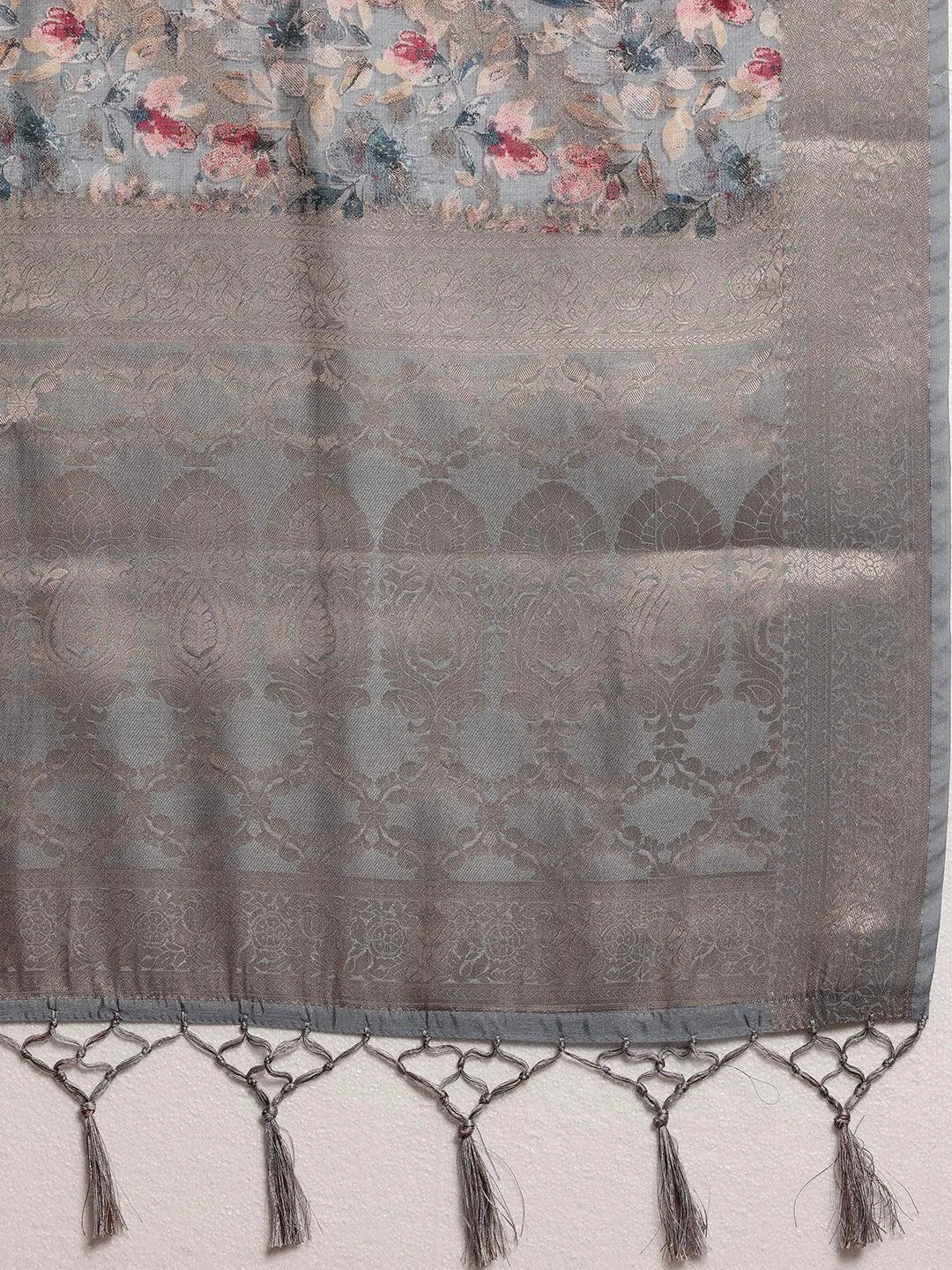 Grey Woven Design Brocade Saree With Unstitched Blouse Piece - Libas