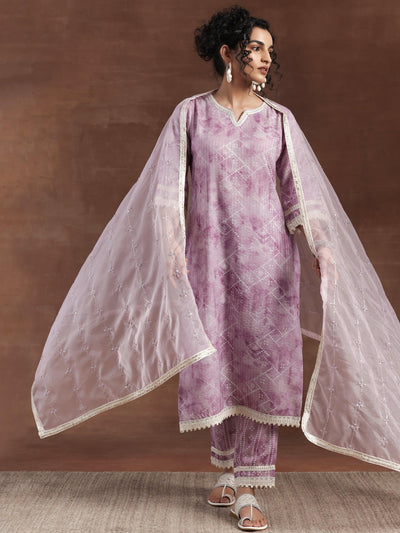 Purple Printed Cotton Straight Suit With Dupatta - Libas