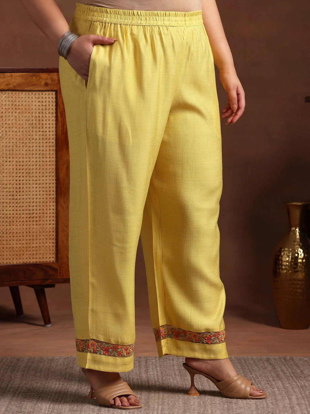 Plus Size Yellow Yoke Design Silk Blend Straight Suit With Dupatta - Libas 