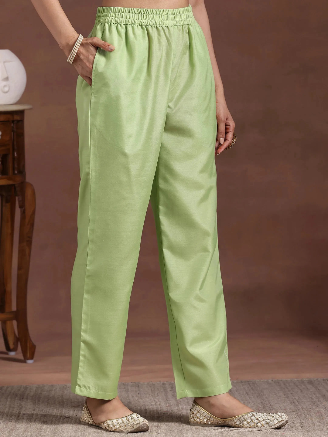  Green Printed Silk Blend Straight Suit With Dupatta 