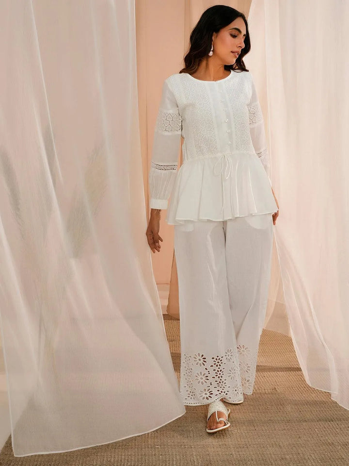 White Cotton A-Line Kurti - Libas