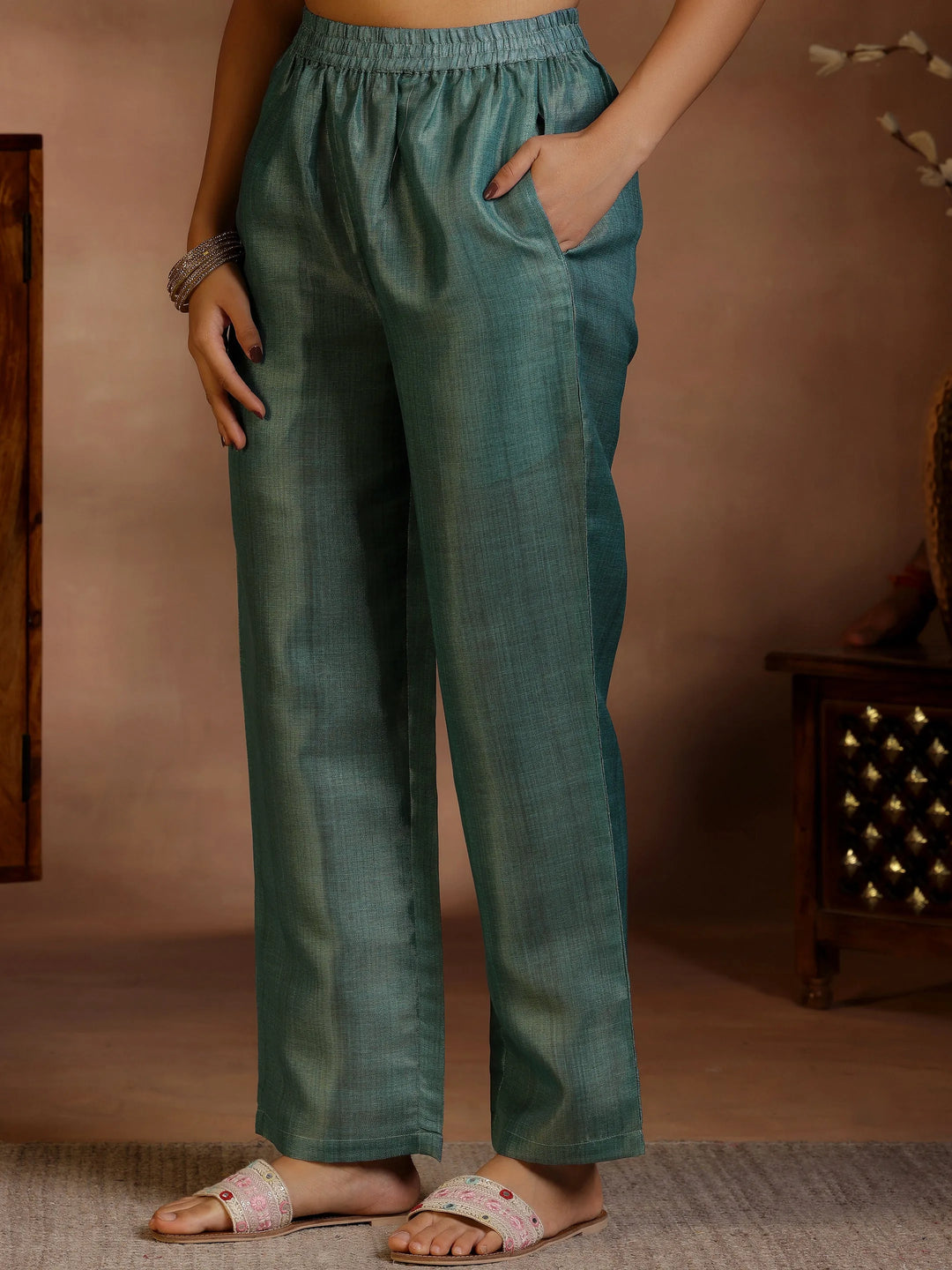  Green Printed Silk Blend Straight Suit With Dupatta 