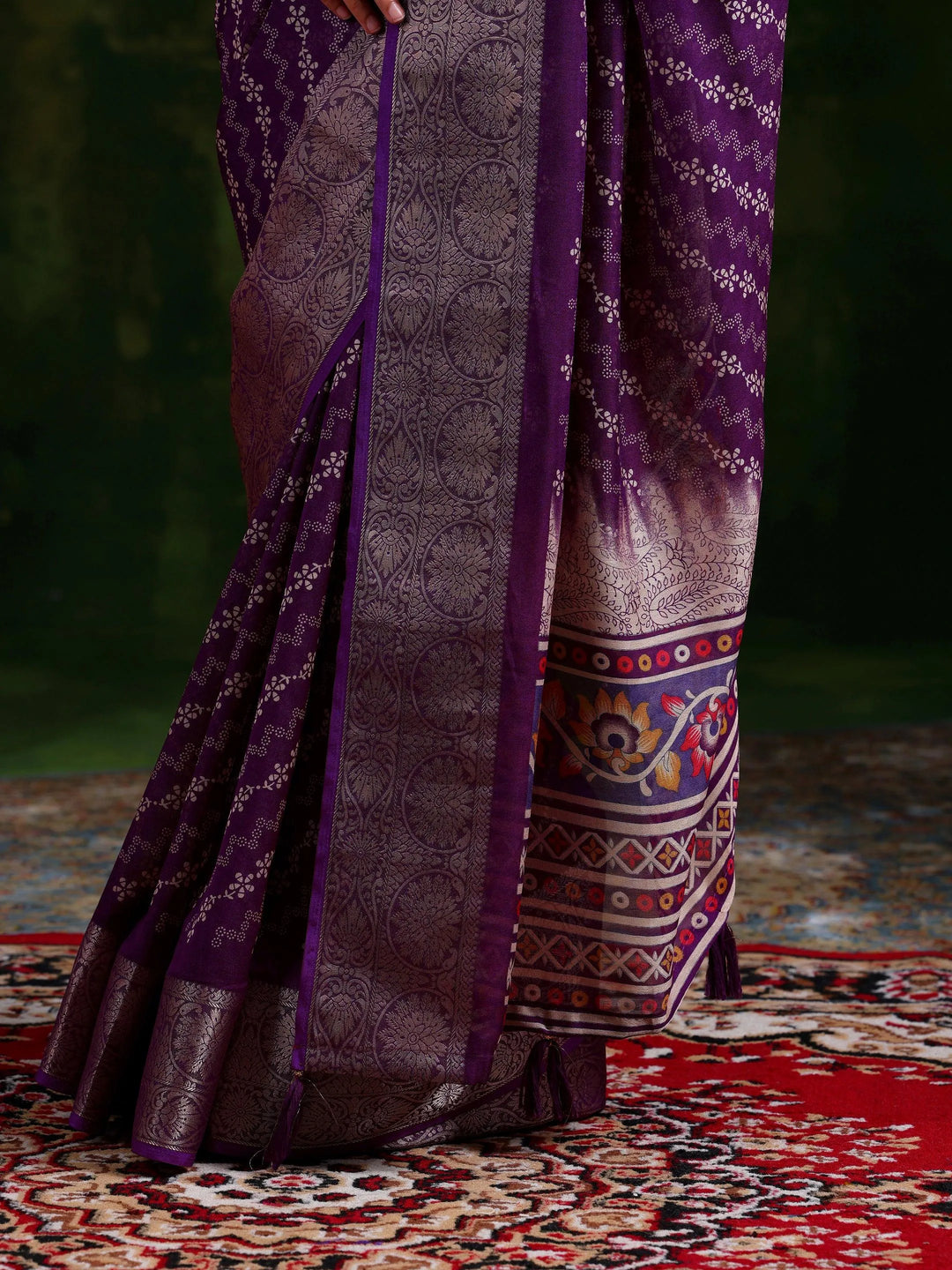 Wine Printed Silk Blend Saree With Unstitched Blouse Piece - Libas 