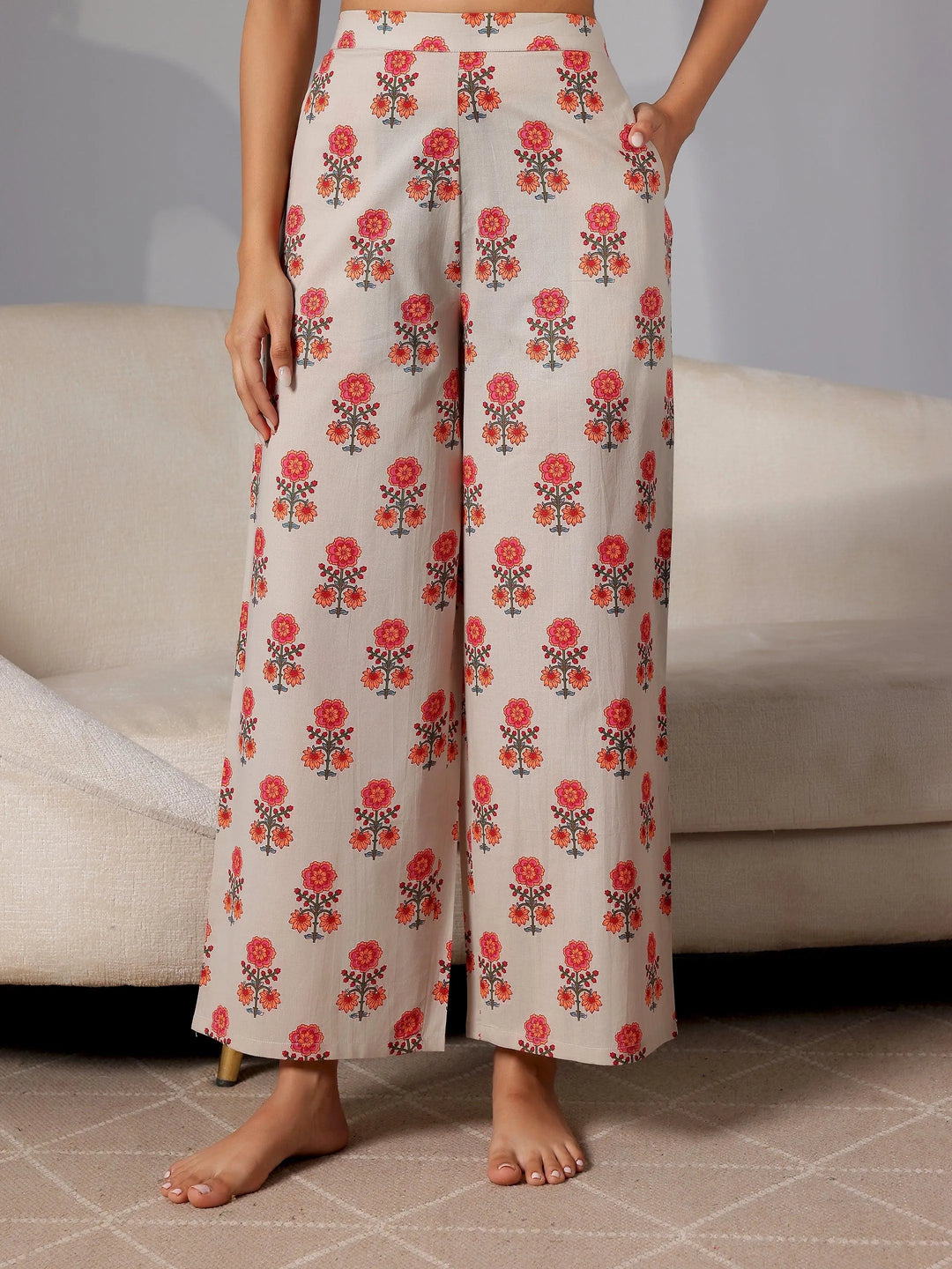 Beige Printed Cotton Night Suits - Libas 