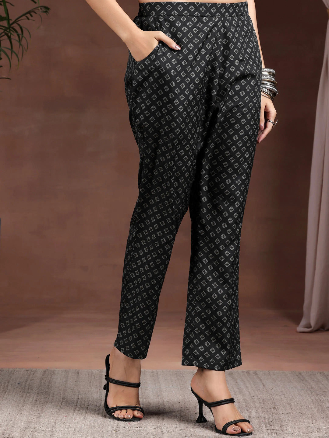  Black Printed Poly Crepe Straight Kurta Set 