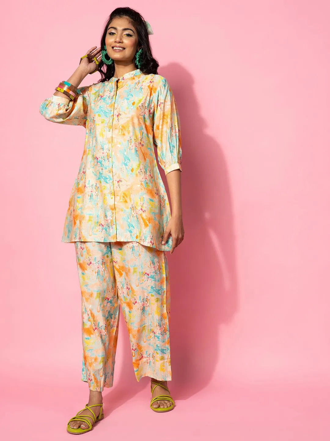 Multicoloured Printed Silk Blend Co-Ords - Libas 