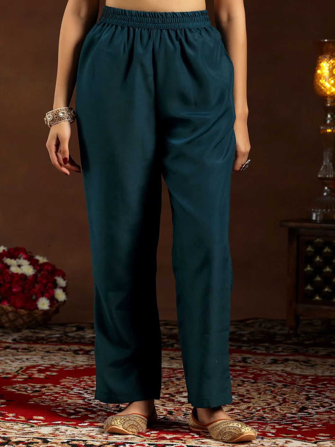  Teal Embroidered Silk Blend Straight Suit With Dupatta 