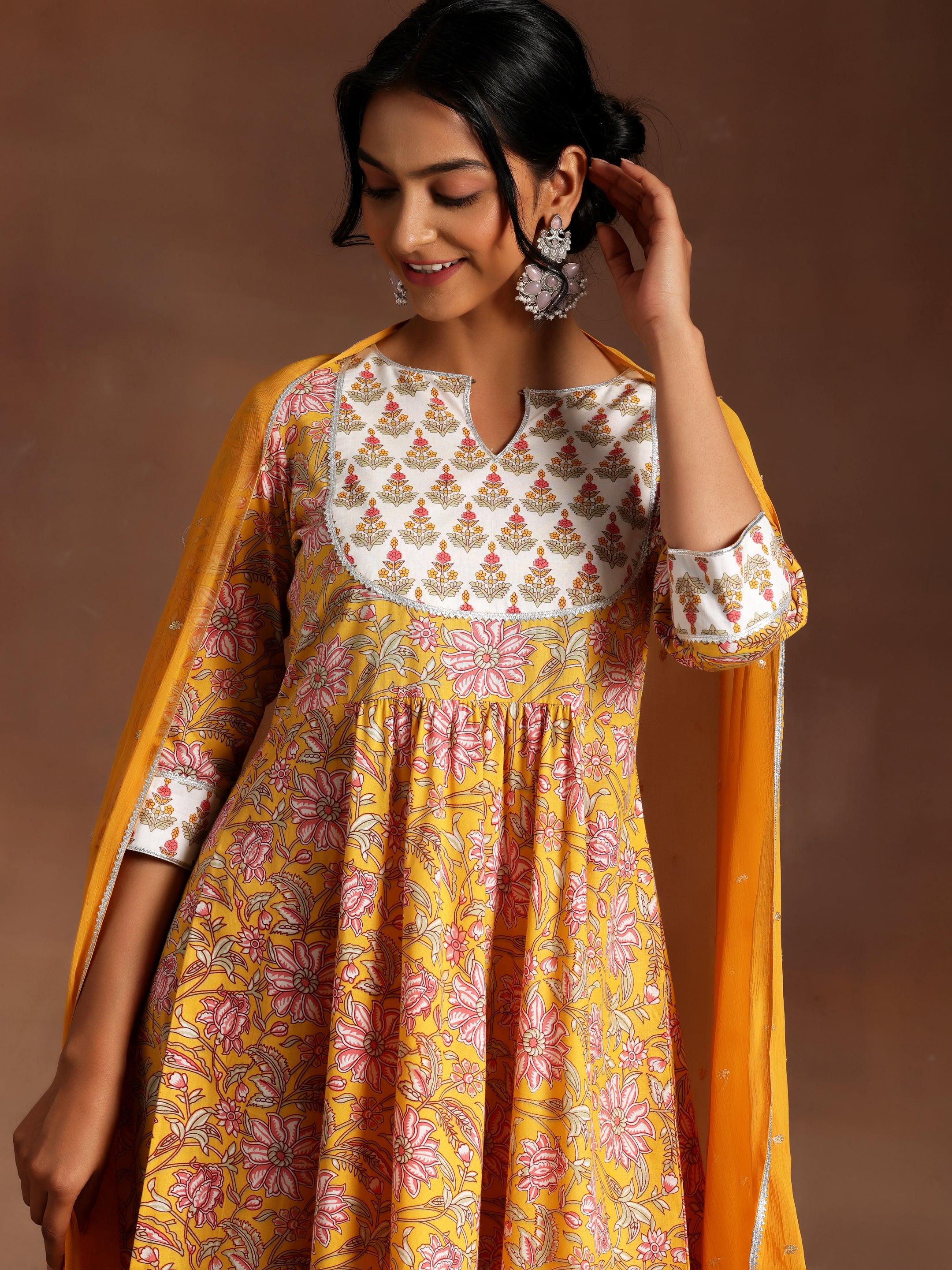 Yellow Printed Cotton Anarkali Suit With Dupatta