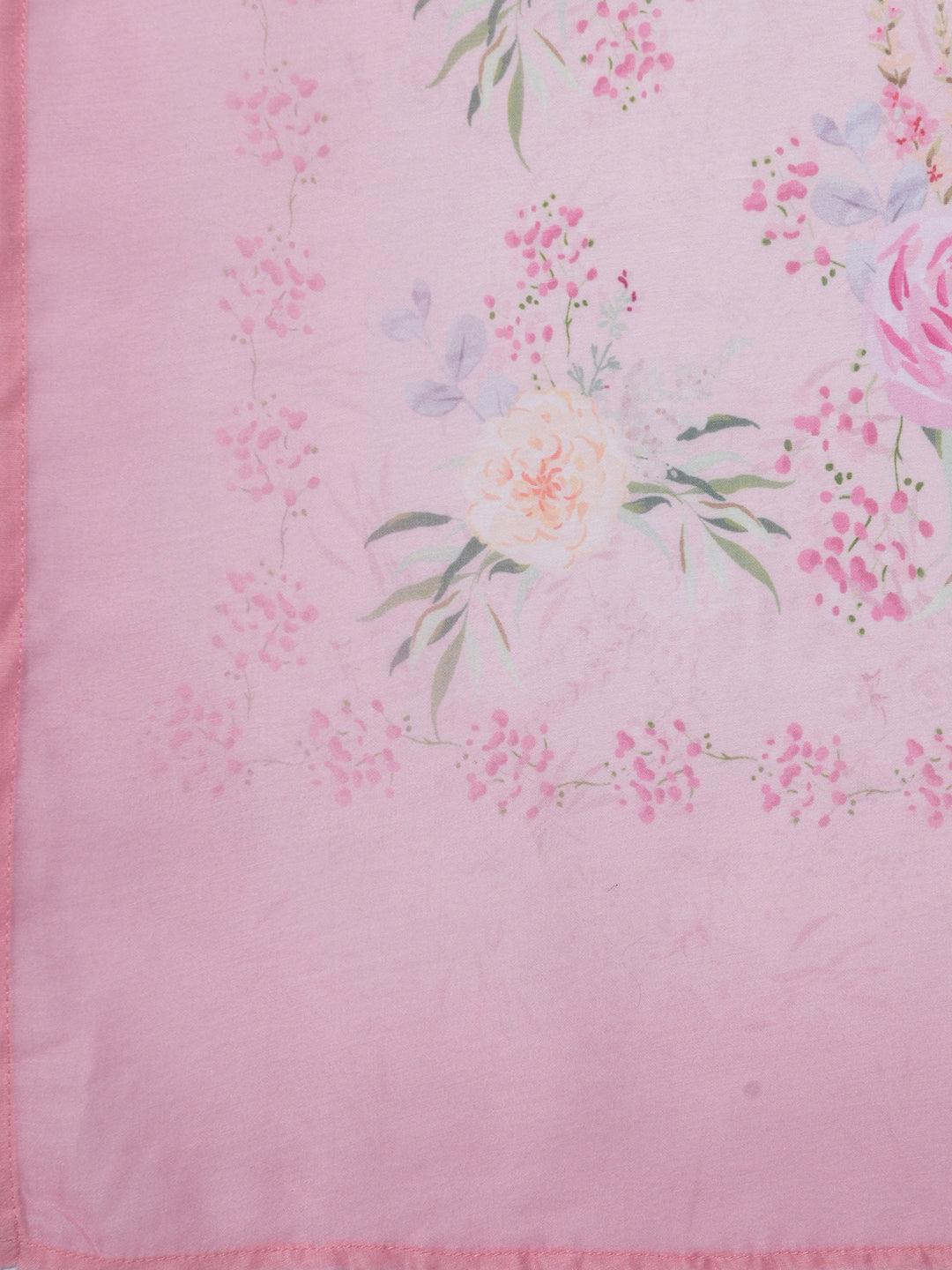 Pink Printed Cotton Blend A-Line Kurta With Palazzos & Dupatta - Libas