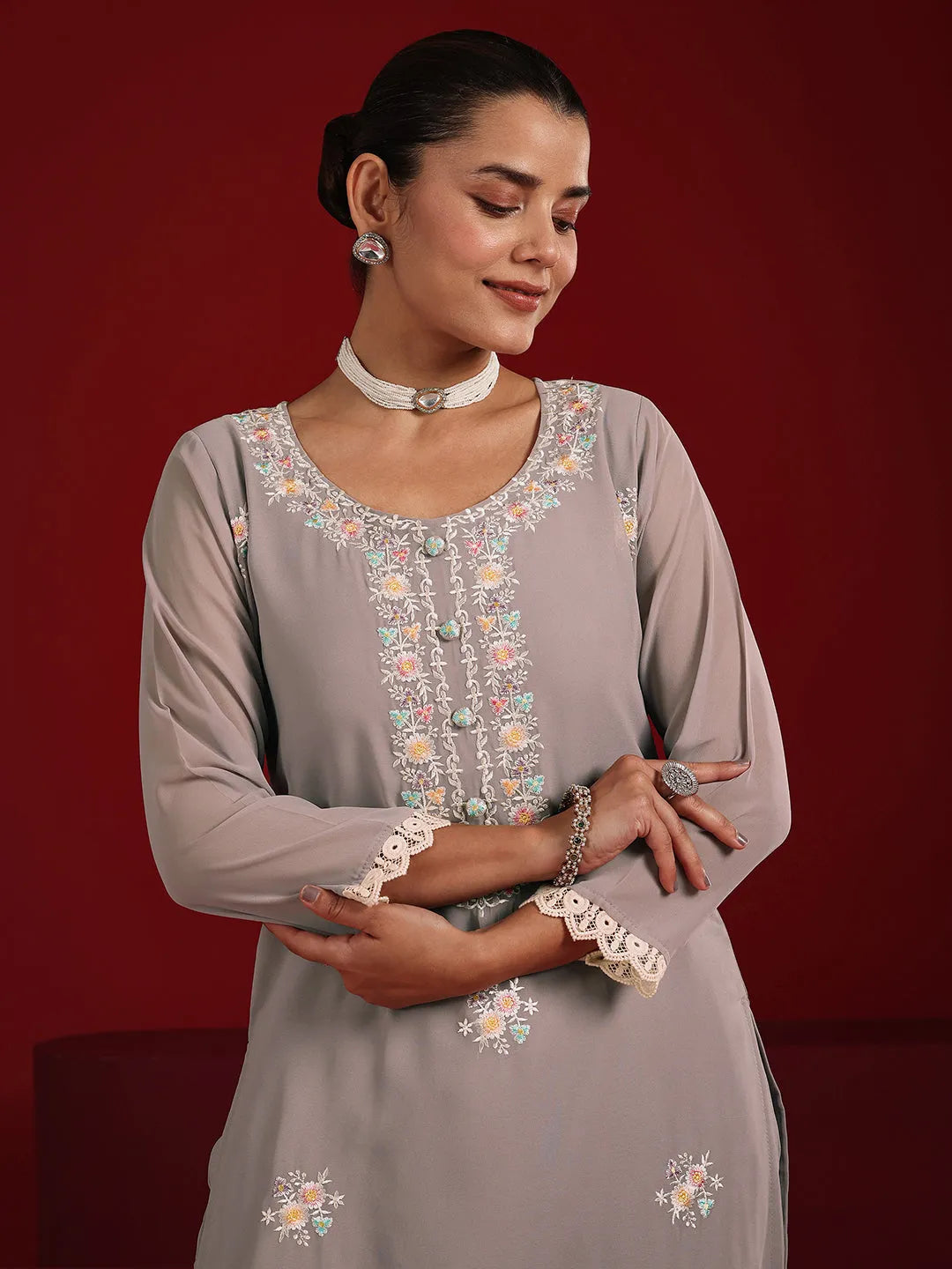  Libas Art Mauve Embroidered Georgette Straight Suit Set With Dupatta 