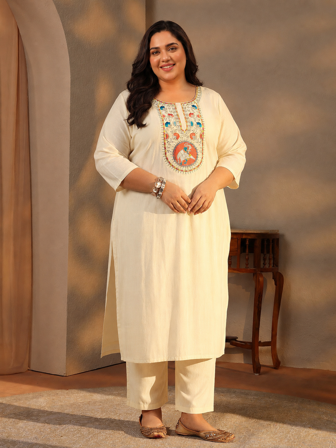  Plus Size Off White Ethnic Motif Printed Chanderi Silk Straight Suit Set 