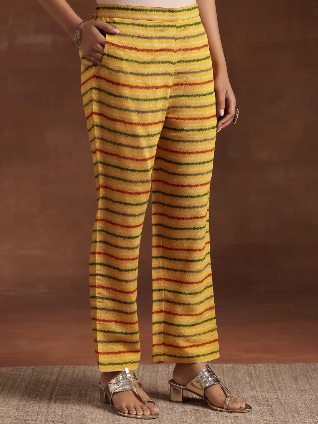  Yellow Printed Silk Blend A-Line Kurta With Trousers & Dupatta 