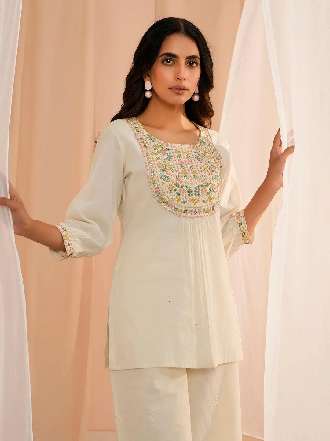 Off White Yoke Design Cotton Straight Kurti - Libas 