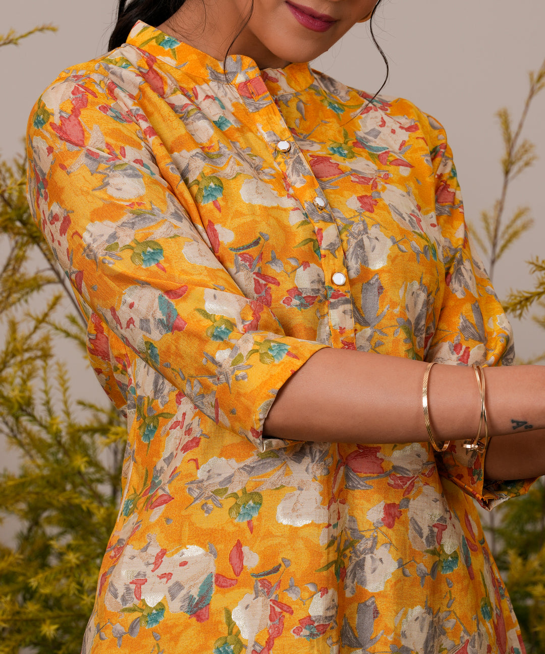  Yellow Printed Silk Blend Straight Short Kurti 