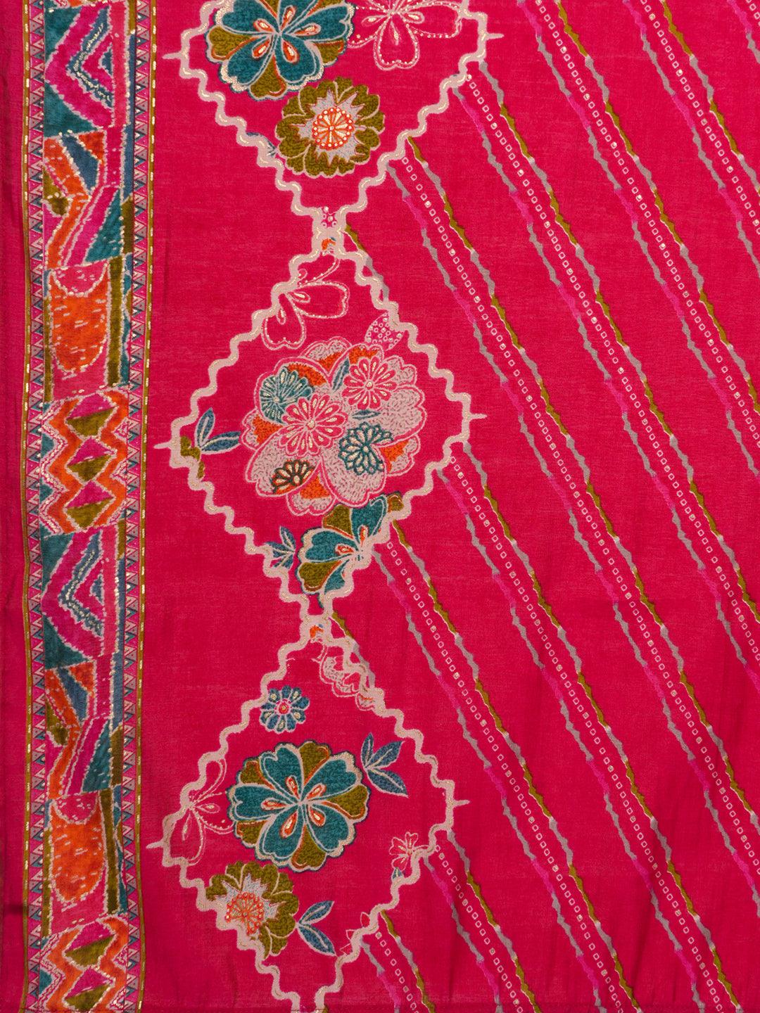 Pink Printed Silk Blend A-Line Kurta With Palazzos & Dupatta - Libas