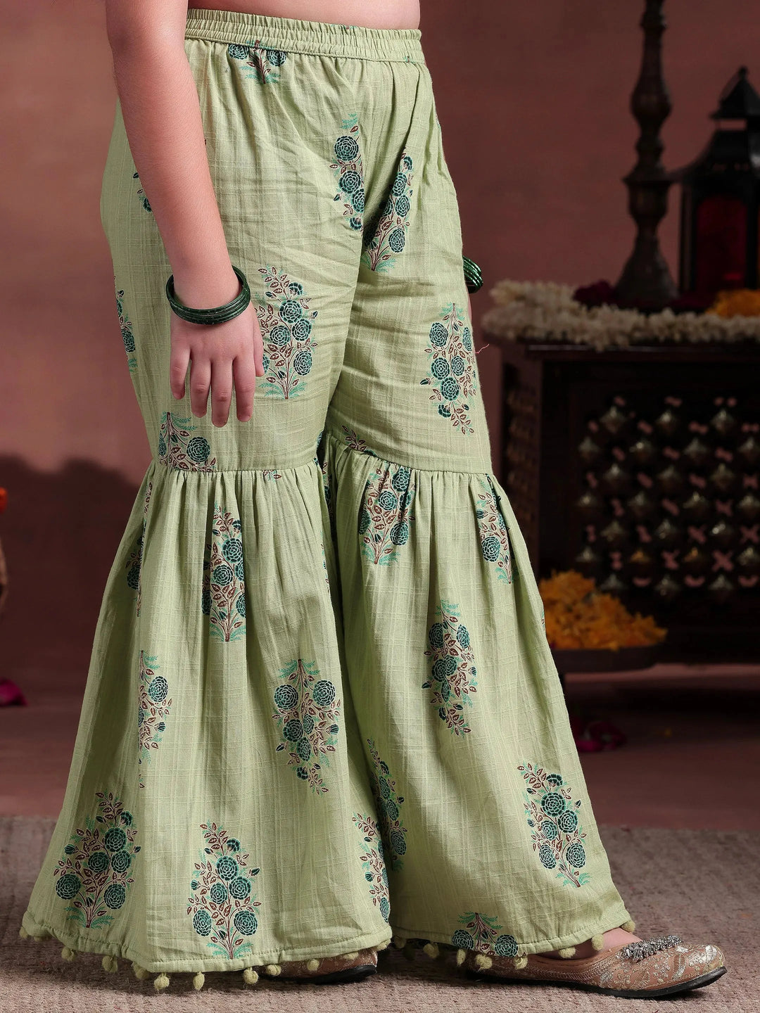  Kids Green Printed Cotton Straight Suit With Dupatta 