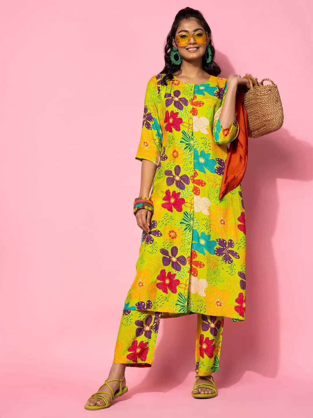 Green Printed Silk Blend Co-Ords - Libas 