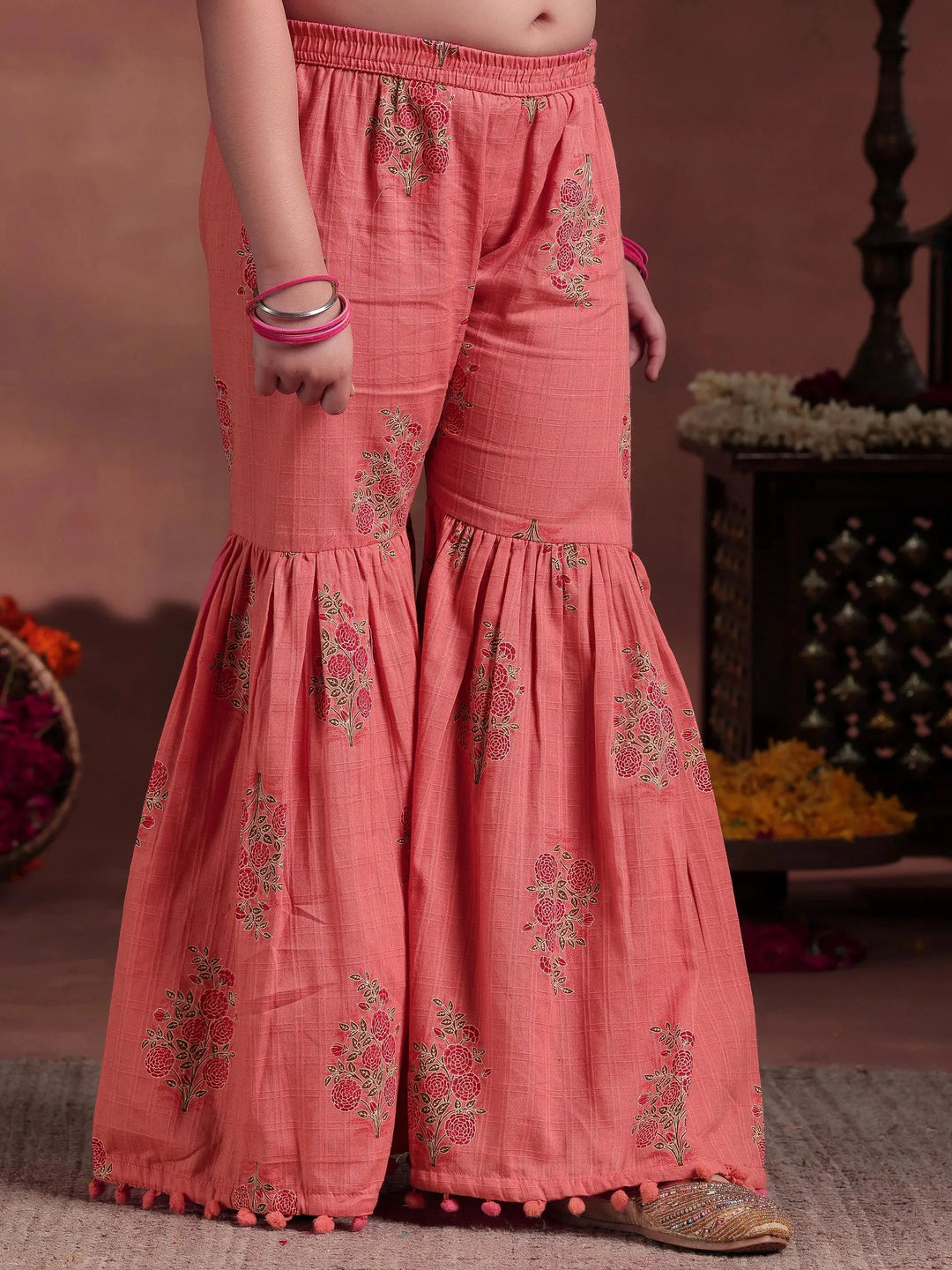  Kids Peach Printed Cotton Straight Suit With Dupatta 