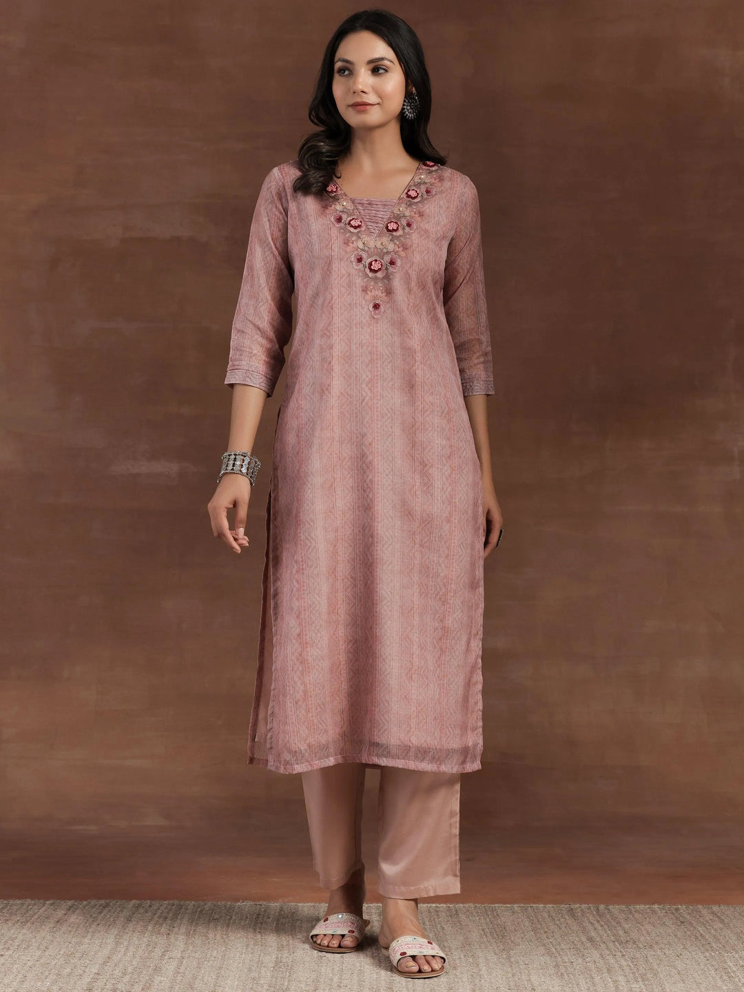 Pink Printed Organza Straight Suit With Dupatta - Libas 