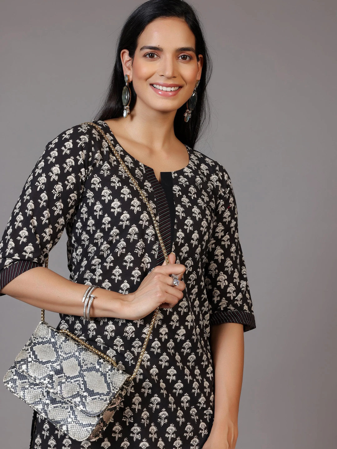Black Printed Cotton Straight Kurta - Libas 