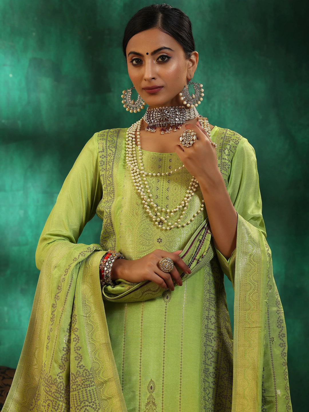  Green Woven Design Silk Blend Straight Suit With Dupatta 