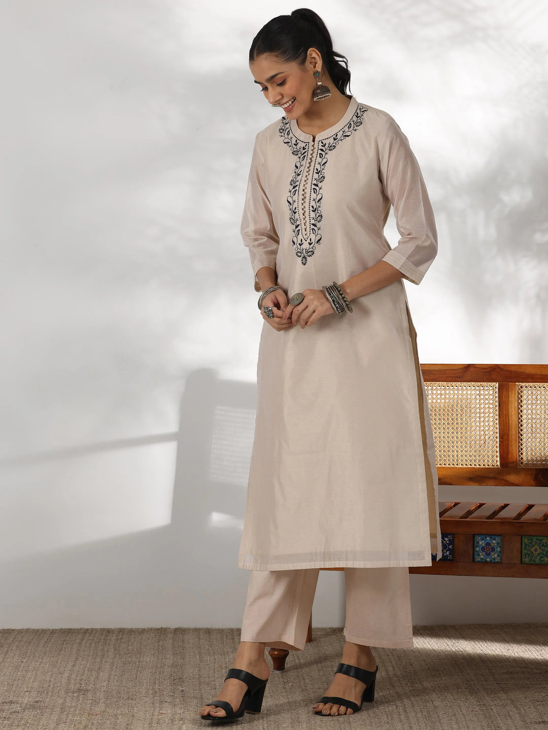  Beige Yoke Design Chanderi Silk Straight Suit With Dupatta 