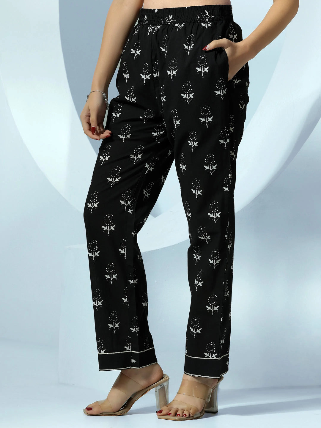  Black Printed Cotton A-Line Kurta With Palazzos 