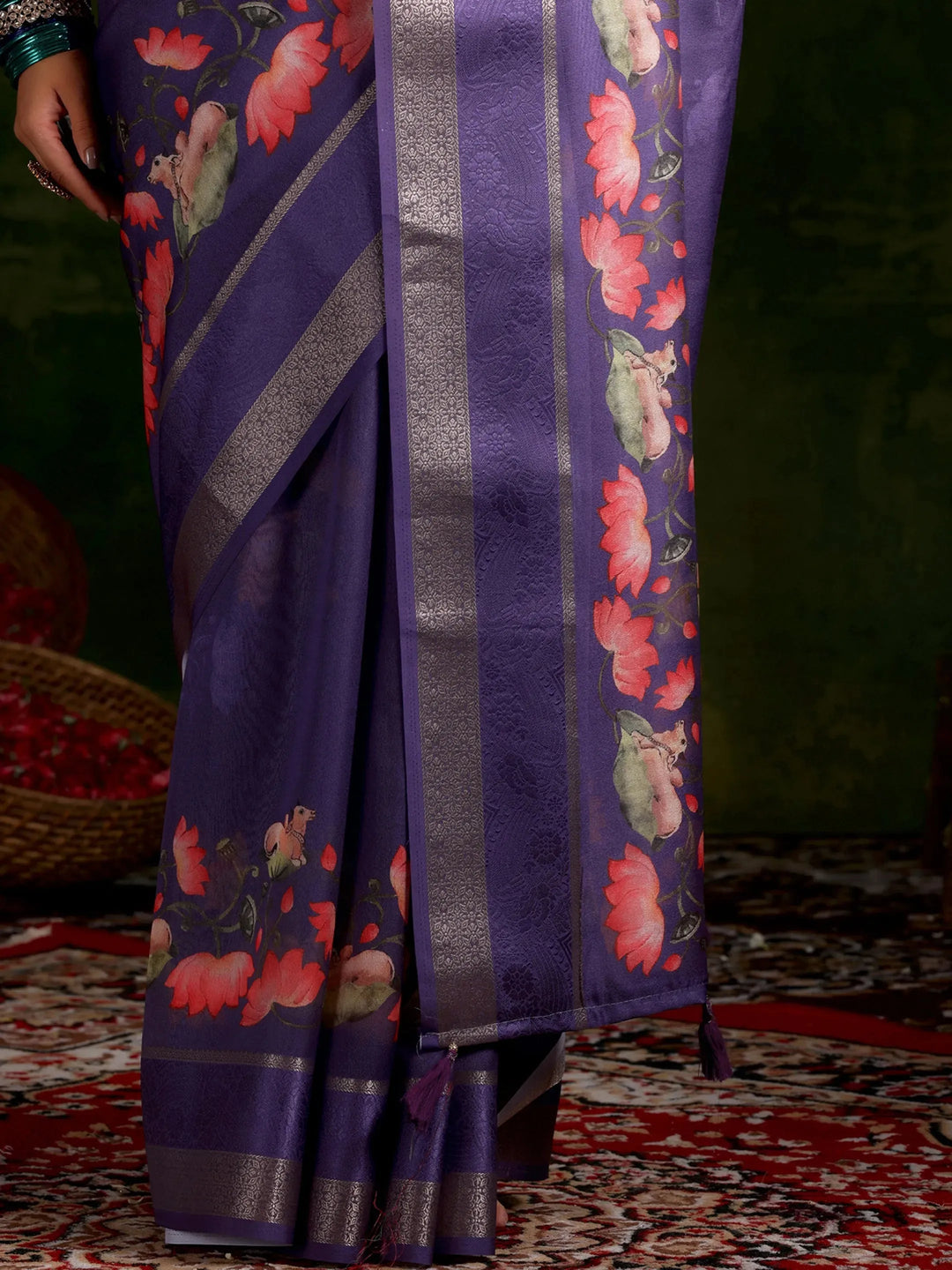  Purple Printed Silk Blend Saree With Unstitched Blouse Piece 