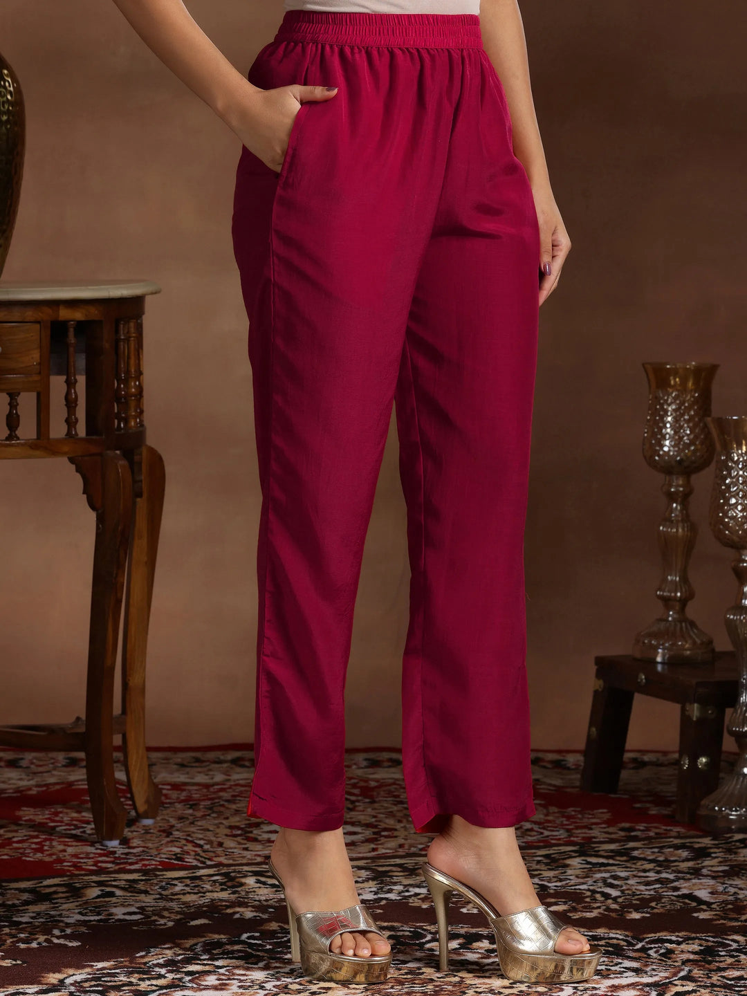  Red Embroidered Silk Blend Straight Suit With Dupatta 