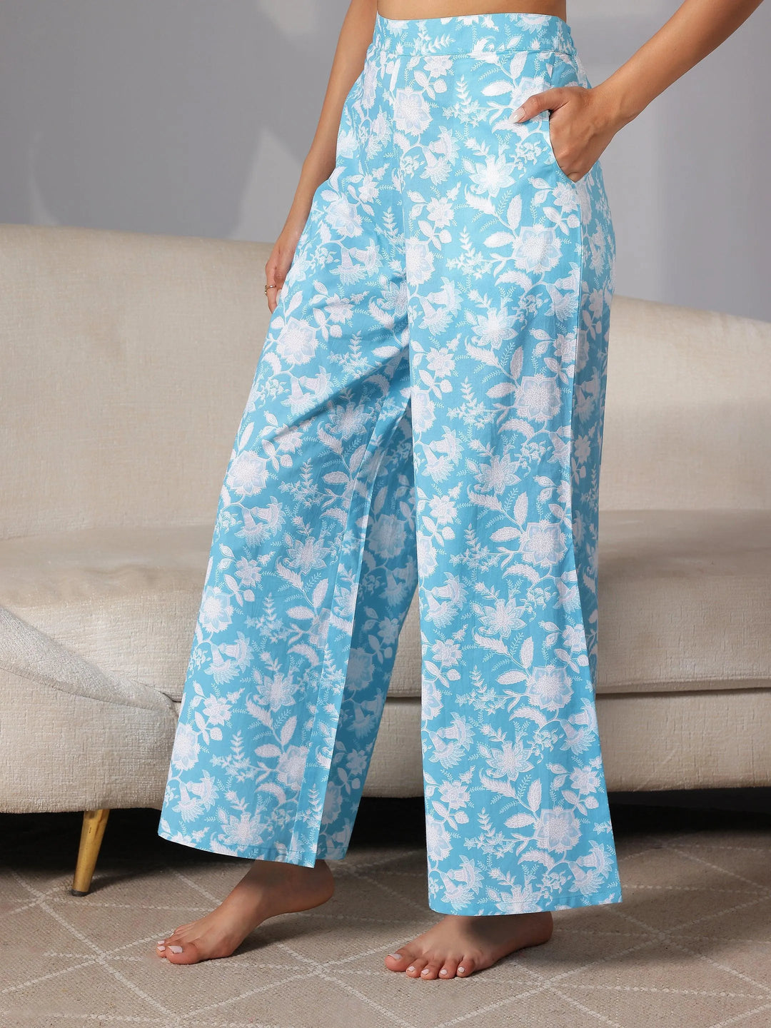 Blue Printed Cotton Night Suits - Libas 