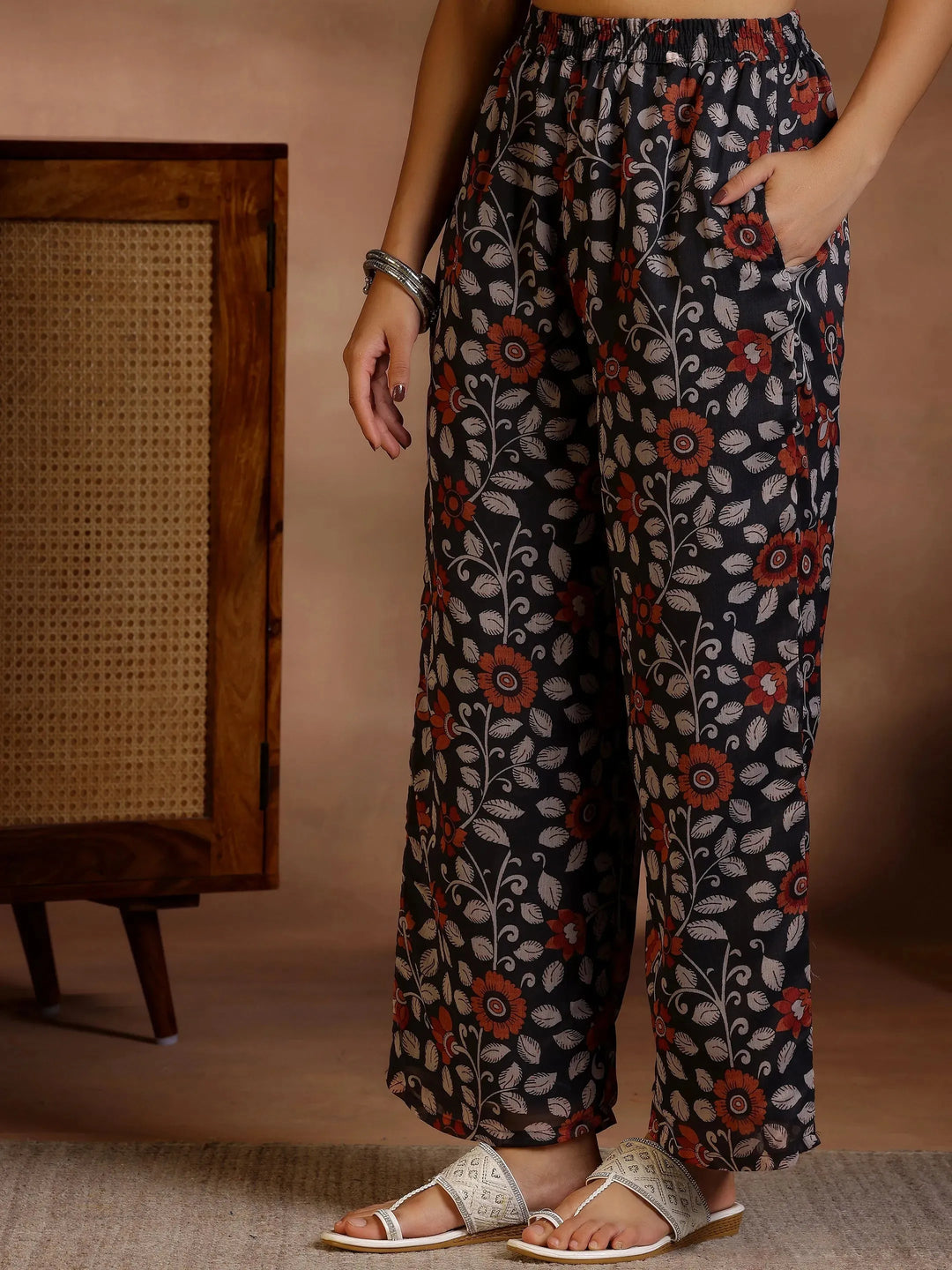  Black Printed Poly Chiffon A-Line Kurta With Palazzos & Dupatta 