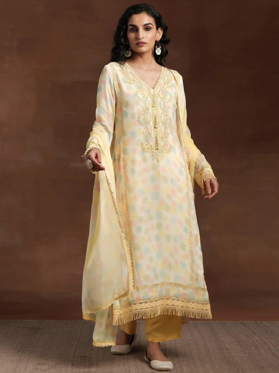 Yellow Embroidered Organza Straight Suit With Dupatta - Libas