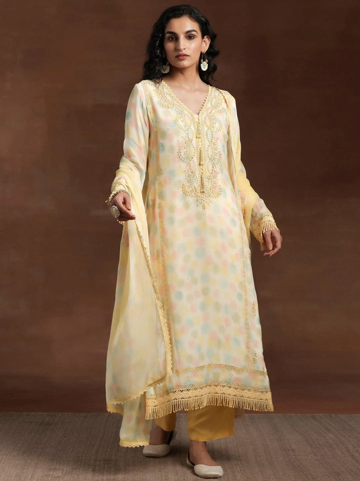 Yellow Embroidered Organza Straight Suit With Dupatta - Libas
